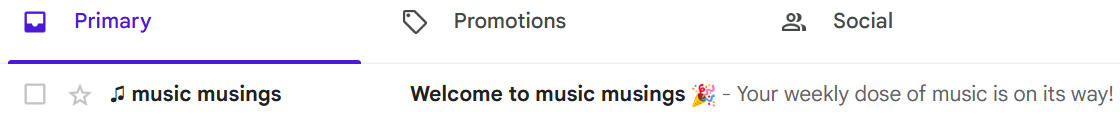 A screenshot of an email inbox that shows a welcome email from Music Musings.